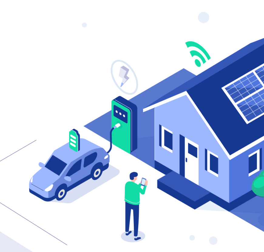 An energy-efficient home that runs on solar energy and owns an EV charging station.