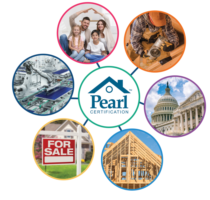 A graphic that displays Pearl Certification's target audiences: homeowners, contractors, state energy offices, builders, real estate professionals, and manufacturers.