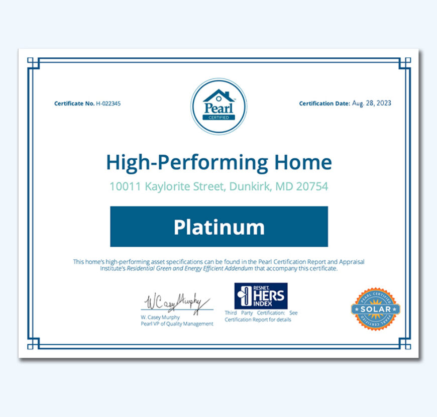 A photo of the Platinum Pearl Certificate.